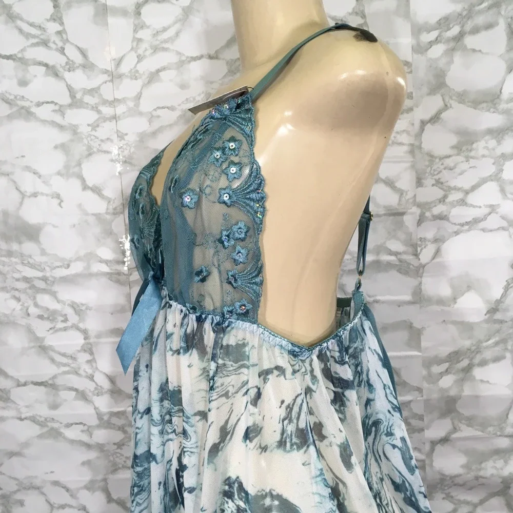NEW Spree Intimates Teal Blue Marble Mesh Floral Lace‎ Babydoll Lingerie Set 1X